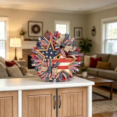 250th Anniversary Patriotic Star Wreath, 15.7'' Red White and Blue Wreath All-Weather Farmhouse Outdoor Holiday Decoration, Memorial Wreath for Front Door, 4th of July Garland for Home Wall Porch in Kuwait