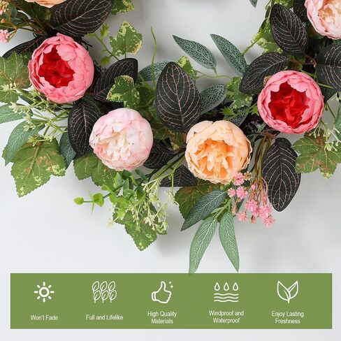 20" Peony Wreath for Front Door – Spring Summer Artificial Pink Peony Floral Wreath for Wall, Window, and Wedding Decor in Kuwait