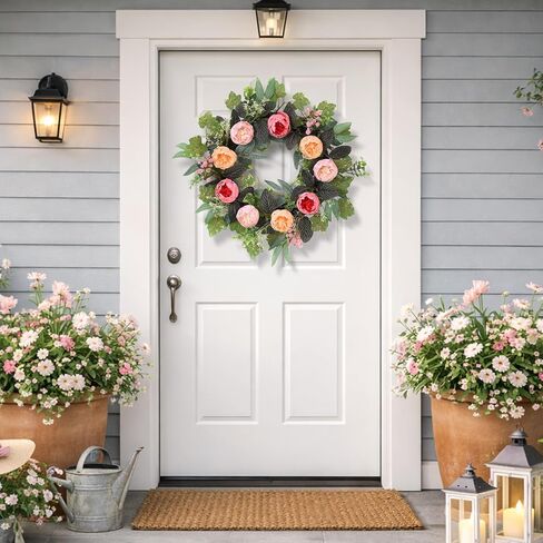 20" Peony Wreath for Front Door – Spring Summer Artificial Pink Peony Floral Wreath for Wall, Window, and Wedding Decor in Kuwait