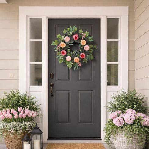 20" Peony Wreath for Front Door – Spring Summer Artificial Pink Peony Floral Wreath for Wall, Window, and Wedding Decor in Kuwait