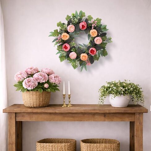 20" Peony Wreath for Front Door – Spring Summer Artificial Pink Peony Floral Wreath for Wall, Window, and Wedding Decor in Kuwait