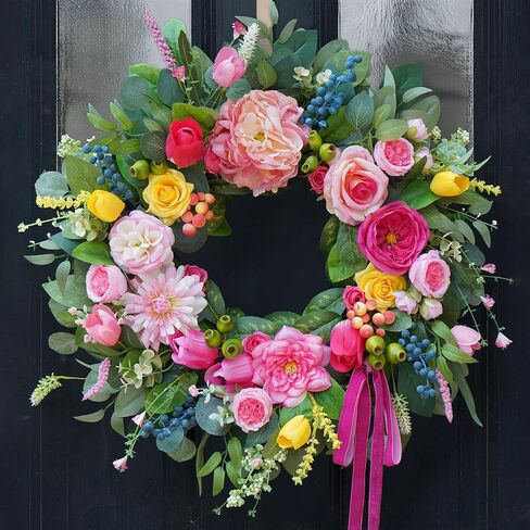 24 Inch Summer Wreaths for Front Door, Handcrafted Summer Wreath with Luxury Dahlias, Peony, Tulips & Roses, Summer Door Wreath for Holiday Farmhouse Indoor Outdoor Wall Home Decor in Saudi Arabia