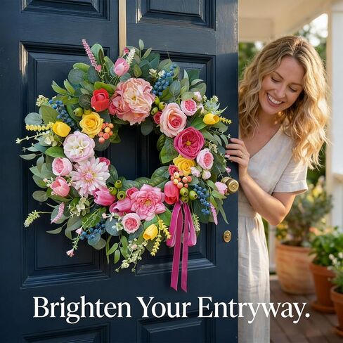 24 Inch Summer Wreaths for Front Door, Handcrafted Summer Wreath with Luxury Dahlias, Peony, Tulips & Roses, Summer Door Wreath for Holiday Farmhouse Indoor Outdoor Wall Home Decor in Saudi Arabia