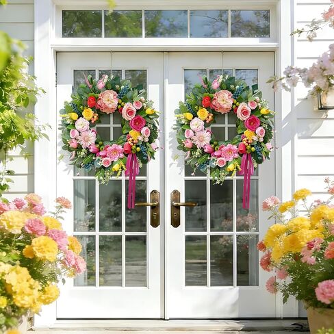 24 Inch Summer Wreaths for Front Door, Handcrafted Summer Wreath with Luxury Dahlias, Peony, Tulips & Roses, Summer Door Wreath for Holiday Farmhouse Indoor Outdoor Wall Home Decor in Saudi Arabia
