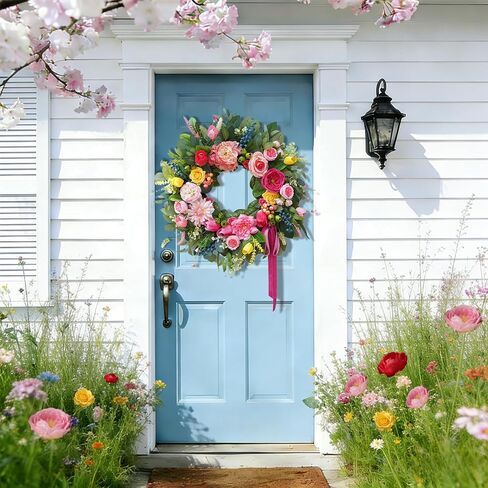 24 Inch Summer Wreaths for Front Door, Handcrafted Summer Wreath with Luxury Dahlias, Peony, Tulips & Roses, Summer Door Wreath for Holiday Farmhouse Indoor Outdoor Wall Home Decor in Saudi Arabia