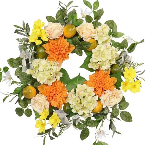 22 Inch Lemon Wreath for Front Door, UV Resistant Faux Dried Orange Citrus Floral, Waterproof Farmhouse Spring Summer Wreath with Olive Leaves in Saudi Arabia