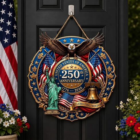 250th Anniversary Decorations for Home, Patriotic Door Sign, America 250th Birthday Decor, Fourth of July Decorations, USA 1776-2026 Hanging Wall Plaque, Patriotic Decorations for Front Door in Kuwait