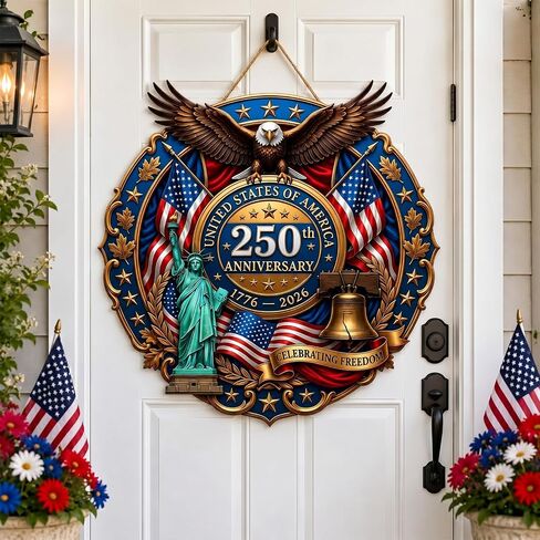 250th Anniversary Decorations for Home, Patriotic Door Sign, America 250th Birthday Decor, Fourth of July Decorations, USA 1776-2026 Hanging Wall Plaque, Patriotic Decorations for Front Door in Kuwait