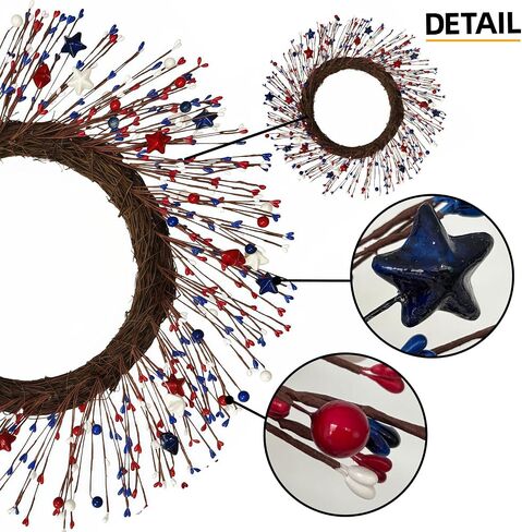 HipTree 20 Inch Patriotic Wreath for Front Door, 4th of July Wreath with Red White Blue Stars & Sprouts for Memorial Day, Independence Day,Veterans Day, Flag Day,Summer Decorations in Kuwait