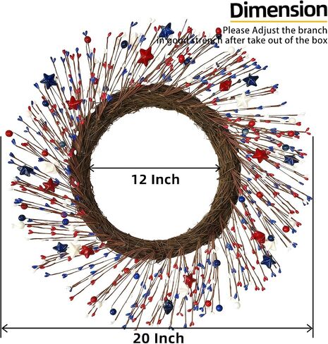 HipTree 20 Inch Patriotic Wreath for Front Door, 4th of July Wreath with Red White Blue Stars & Sprouts for Memorial Day, Independence Day,Veterans Day, Flag Day,Summer Decorations in Kuwait