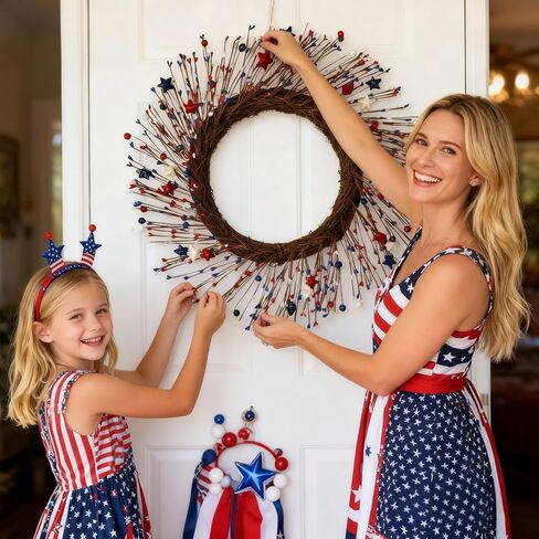 HipTree 20 Inch Patriotic Wreath for Front Door, 4th of July Wreath with Red White Blue Stars & Sprouts for Memorial Day, Independence Day,Veterans Day, Flag Day,Summer Decorations in Kuwait