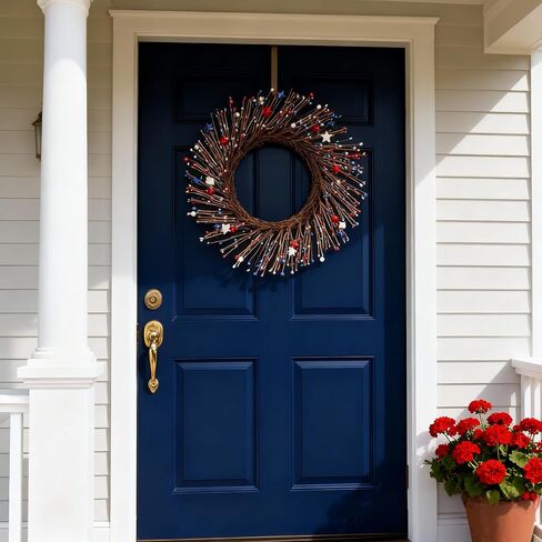 HipTree 20 Inch Patriotic Wreath for Front Door, 4th of July Wreath with Red White Blue Stars & Sprouts for Memorial Day, Independence Day,Veterans Day, Flag Day,Summer Decorations in Kuwait