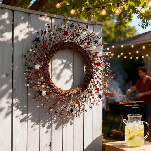 HipTree 20 Inch Patriotic Wreath for Front Door, 4th of July Wreath with Red White Blue Stars & Sprouts for Memorial Day, Independence Day,Veterans Day, Flag Day,Summer Decorations in Kuwait