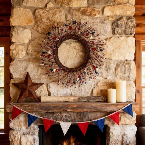HipTree 20 Inch Patriotic Wreath for Front Door, 4th of July Wreath with Red White Blue Stars & Sprouts for Memorial Day, Independence Day,Veterans Day, Flag Day,Summer Decorations in Kuwait