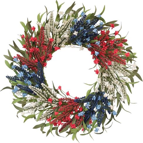 TEMPUS 24 Inch Artificial Wheat Wreath for Front Door, Handcrafted Red White Blue Patriotic Wreath with Willow Leaves, Americana Decor for Memorial Day, 4th of July, Independence Day, Summer Holiday in Saudi Arabia