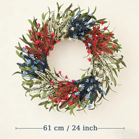 TEMPUS 24 Inch Artificial Wheat Wreath for Front Door, Handcrafted Red White Blue Patriotic Wreath with Willow Leaves, Americana Decor for Memorial Day, 4th of July, Independence Day, Summer Holiday in Saudi Arabia