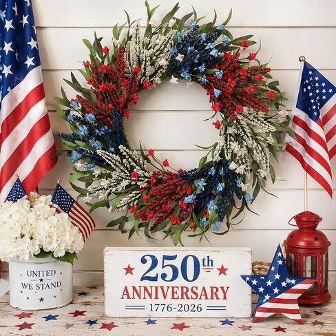 TEMPUS 24 Inch Artificial Wheat Wreath for Front Door, Handcrafted Red White Blue Patriotic Wreath with Willow Leaves, Americana Decor for Memorial Day, 4th of July, Independence Day, Summer Holiday in Saudi Arabia