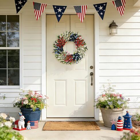 TEMPUS 24 Inch Artificial Wheat Wreath for Front Door, Handcrafted Red White Blue Patriotic Wreath with Willow Leaves, Americana Decor for Memorial Day, 4th of July, Independence Day, Summer Holiday in Saudi Arabia