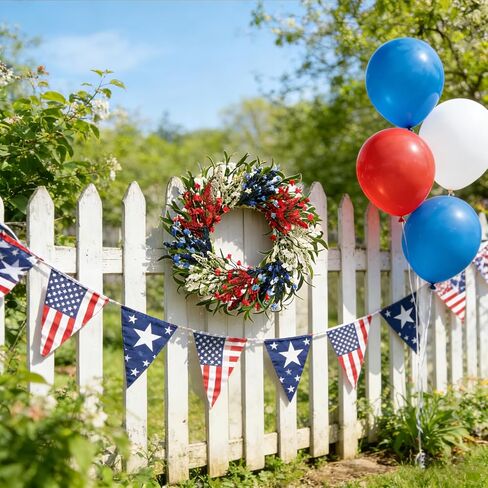 TEMPUS 24 Inch Artificial Wheat Wreath for Front Door, Handcrafted Red White Blue Patriotic Wreath with Willow Leaves, Americana Decor for Memorial Day, 4th of July, Independence Day, Summer Holiday in Saudi Arabia