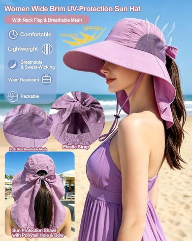 Women Sun Hat with Ponytail Hole, Neck Flap UV-Protection UPF50+ Wide-Brim Breathable Mesh Fishing Hiking Gardening in Kuwait