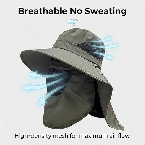 Outdoor Mesh Sun Hat for Men Women, UPF 50+ Wide Brim Fishing Hat with Neck Flap, Summer UV Protection Hat(Army Green) in Kuwait