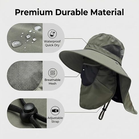 Outdoor Mesh Sun Hat for Men Women, UPF 50+ Wide Brim Fishing Hat with Neck Flap, Summer UV Protection Hat(Army Green) in Kuwait