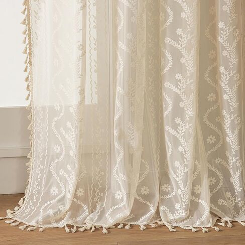 WAZZIO Boho Lace Curtains 2 Panels 84 Inches Long-Cute Vintage Victorian Sheer Panels with French Country Flower Pattern & Tassel Light Filtering Privacy for Bedroom Dining Living Room,Beige in Kuwait