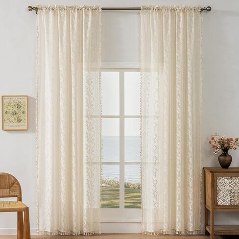 WAZZIO Boho Lace Curtains 2 Panels 84 Inches Long-Cute Vintage Victorian Sheer Panels with French Country Flower Pattern & Tassel Light Filtering Privacy for Bedroom Dining Living Room,Beige in Kuwait
