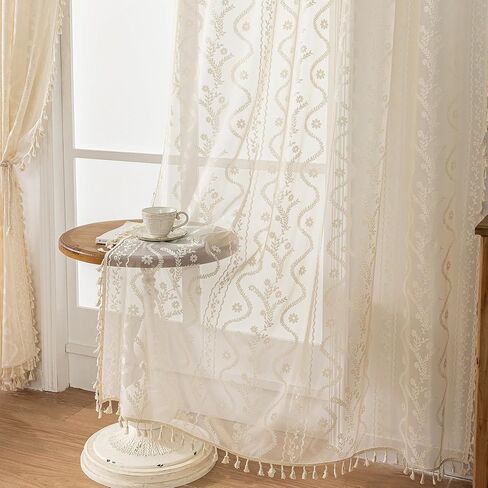 WAZZIO Boho Lace Curtains 2 Panels 84 Inches Long-Cute Vintage Victorian Sheer Panels with French Country Flower Pattern & Tassel Light Filtering Privacy for Bedroom Dining Living Room,Beige in Kuwait
