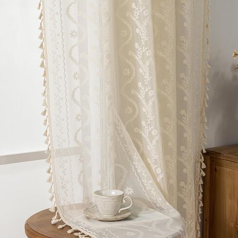 WAZZIO Boho Lace Curtains 2 Panels 84 Inches Long-Cute Vintage Victorian Sheer Panels with French Country Flower Pattern & Tassel Light Filtering Privacy for Bedroom Dining Living Room,Beige in Kuwait