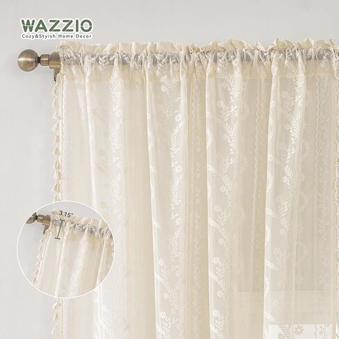 WAZZIO Boho Lace Curtains 2 Panels 84 Inches Long-Cute Vintage Victorian Sheer Panels with French Country Flower Pattern & Tassel Light Filtering Privacy for Bedroom Dining Living Room,Beige in Kuwait