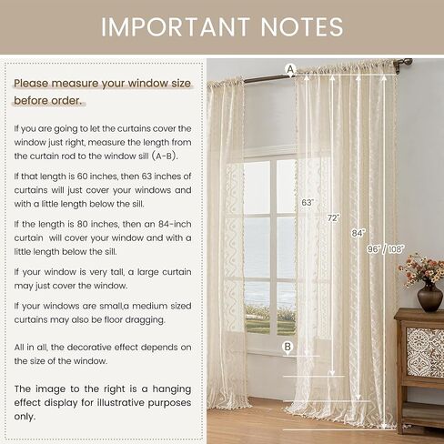 WAZZIO Boho Lace Curtains 2 Panels 84 Inches Long-Cute Vintage Victorian Sheer Panels with French Country Flower Pattern & Tassel Light Filtering Privacy for Bedroom Dining Living Room,Beige in Kuwait