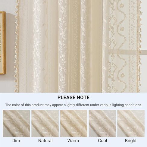 WAZZIO Boho Lace Curtains 2 Panels 84 Inches Long-Cute Vintage Victorian Sheer Panels with French Country Flower Pattern & Tassel Light Filtering Privacy for Bedroom Dining Living Room,Beige in Kuwait
