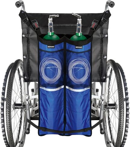 NIHAO Dual Oxygen Tank Holder for Wheelchiars, Oxygen Cylinder Bag with Adjustable Zippers and Mesh Storage Pockets, Portable Wheelchair Attachment for Oxygen Fits Most Oxygen Cylinders, Blue in Kuwait