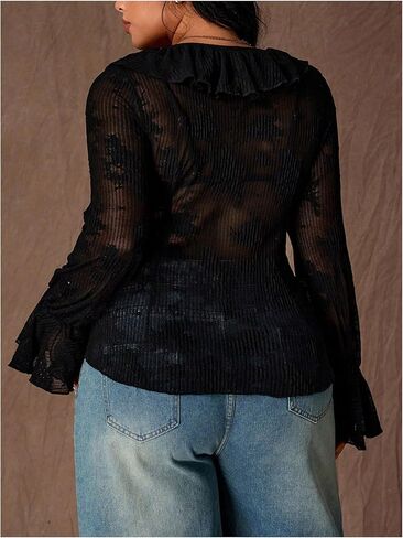 SOLY HUX Women's Plus Size Ruffle Blouse V Neck Bell Long Sleeve Tie Front Sheer Shirt Going Out Tops in Kuwait