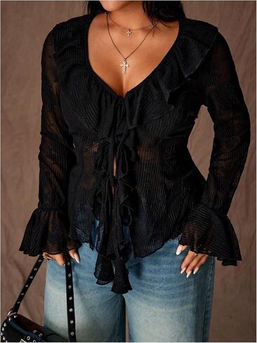 SOLY HUX Women's Plus Size Ruffle Blouse V Neck Bell Long Sleeve Tie Front Sheer Shirt Going Out Tops in Kuwait