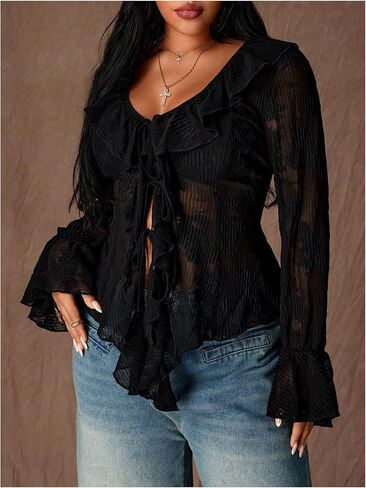 SOLY HUX Women's Plus Size Ruffle Blouse V Neck Bell Long Sleeve Tie Front Sheer Shirt Going Out Tops in Kuwait