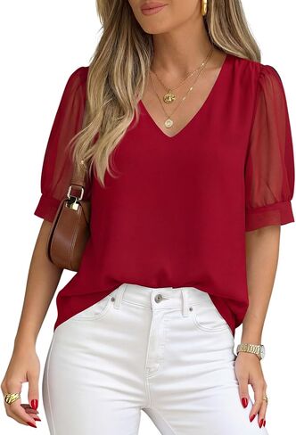 PRETTYGARDEN Womens Tops Dressy Casual Puff Sleeve Chiffon Blouses V Neck Business Work Shirts 2026 Summer Fashion Clothing in Kuwait