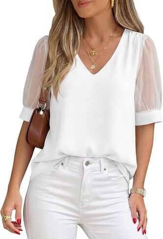 PRETTYGARDEN Womens Tops Dressy Casual Puff Sleeve Chiffon Blouses V Neck Business Work Shirts 2026 Summer Fashion Clothing in Kuwait