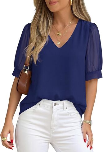PRETTYGARDEN Womens Tops Dressy Casual Puff Sleeve Chiffon Blouses V Neck Business Work Shirts 2026 Summer Fashion Clothing in Kuwait