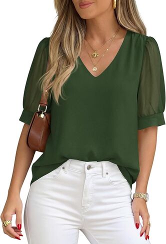 PRETTYGARDEN Womens Tops Dressy Casual Puff Sleeve Chiffon Blouses V Neck Business Work Shirts 2026 Summer Fashion Clothing in Kuwait