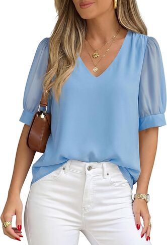 PRETTYGARDEN Womens Tops Dressy Casual Puff Sleeve Chiffon Blouses V Neck Business Work Shirts 2026 Summer Fashion Clothing in Kuwait