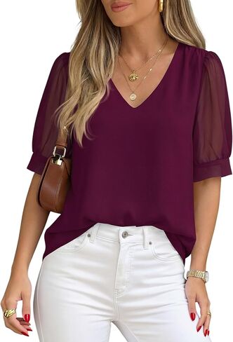 PRETTYGARDEN Womens Tops Dressy Casual Puff Sleeve Chiffon Blouses V Neck Business Work Shirts 2026 Summer Fashion Clothing in Kuwait