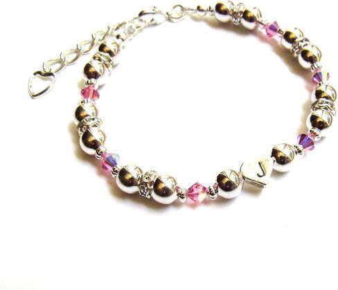 Sterling Silver Initial Charm Bracelet with Birthstones, Choice of Charm Birthstone Size, Personalized Jewelry for Girls, Beaded Heart Shaped Charm Bracelet Adjustable in Saudi Arabia