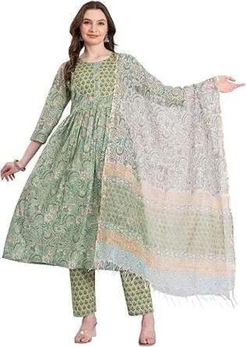 Women’s Cotton Anarkali Kurta Set – Indian Tunic Dress with Pant and Dupatta – Ready to Wear Shalwar Kameez Suit for Women in Saudi Arabia