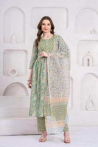 Women’s Cotton Anarkali Kurta Set – Indian Tunic Dress with Pant and Dupatta – Ready to Wear Shalwar Kameez Suit for Women in Saudi Arabia