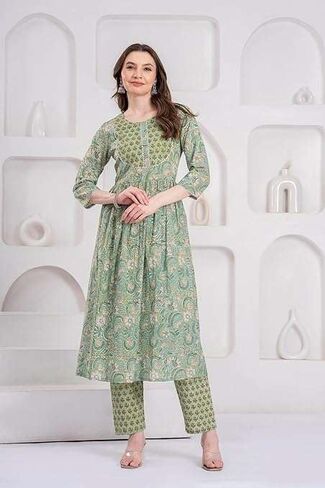 Women’s Cotton Anarkali Kurta Set – Indian Tunic Dress with Pant and Dupatta – Ready to Wear Shalwar Kameez Suit for Women in Saudi Arabia