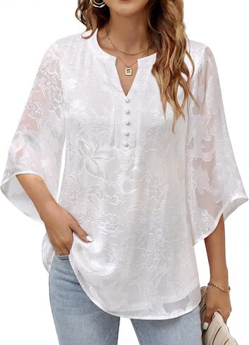 Youtalia Women's Flowy Casual Classy V Neck Blouses 3/4 Sleeve Elegant Floral Double Layers Tops Shirts in Saudi Arabia