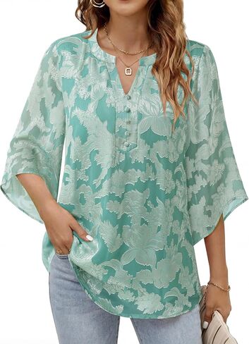 Youtalia Women's Flowy Casual Classy V Neck Blouses 3/4 Sleeve Elegant Floral Double Layers Tops Shirts in Saudi Arabia