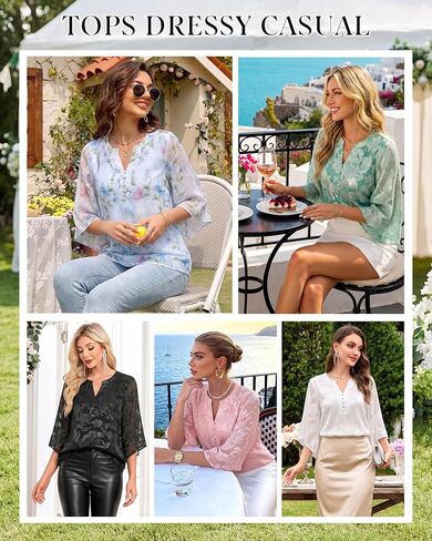 Youtalia Women's Flowy Casual Classy V Neck Blouses 3/4 Sleeve Elegant Floral Double Layers Tops Shirts in Saudi Arabia